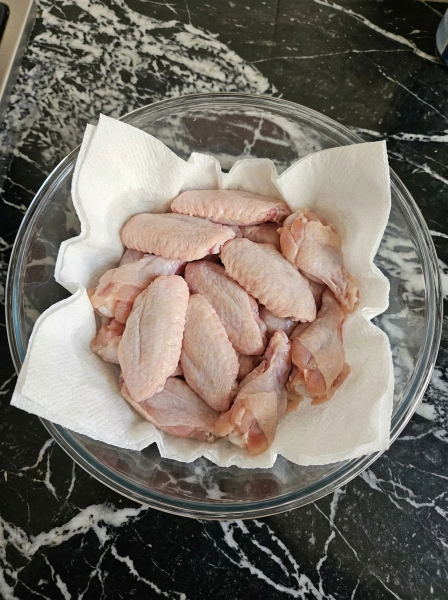 Raw chicken wings in a mixing bowl