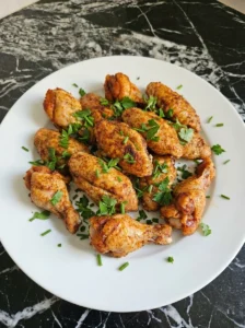 Fully cooked crispy chicken wings plated