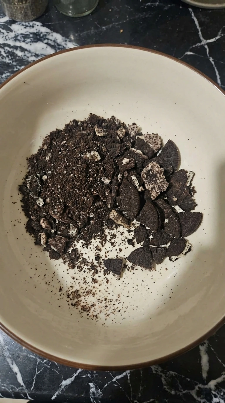 Crushed Oreo cookies with fine crumbs and a few chunks in a mixing bowl