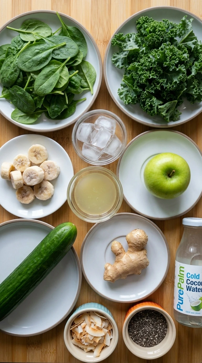 Ingredients for Detox Green Smoothie arranged in separate containers
