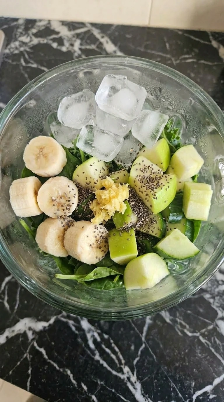 Fruit cucumber ginger chia and ice added to greens in blender jar