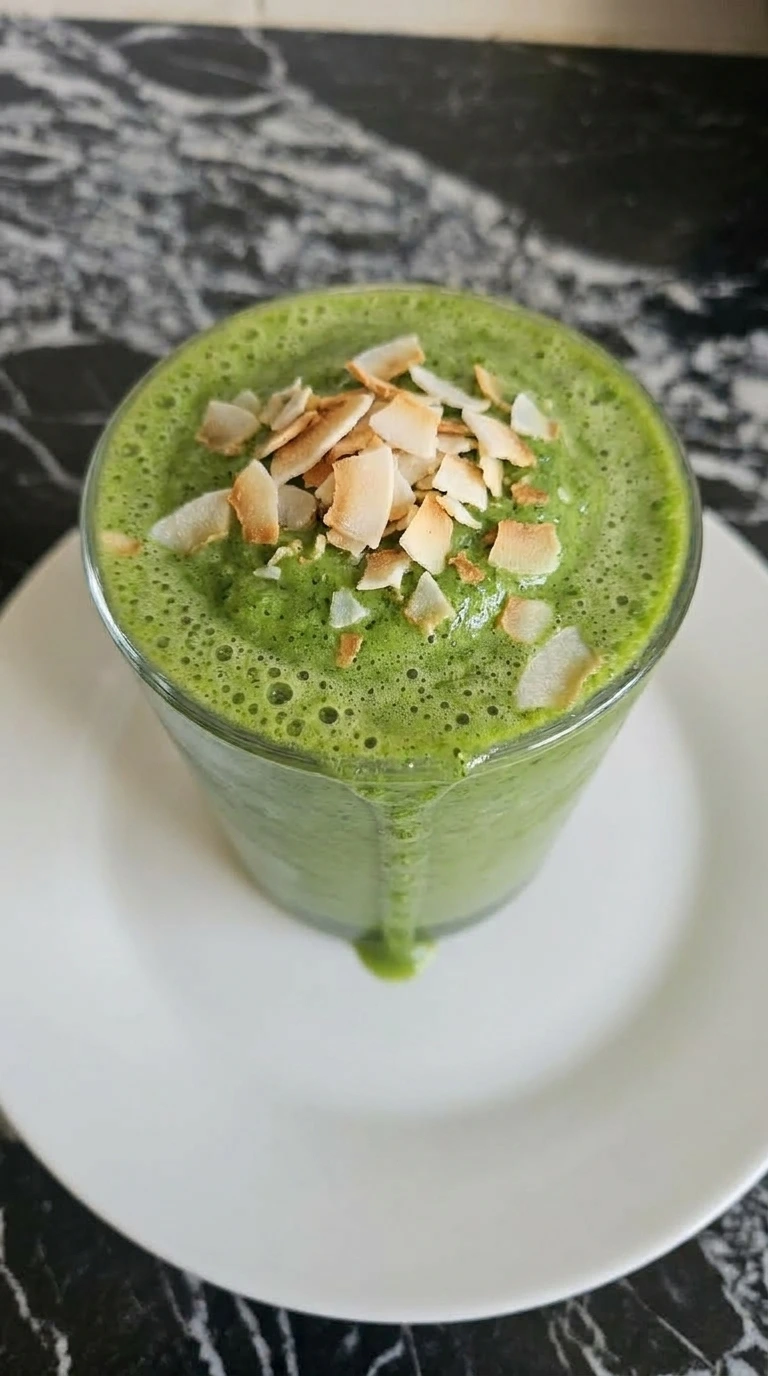 Detox Green Smoothie poured into glasses with toasted coconut flakes