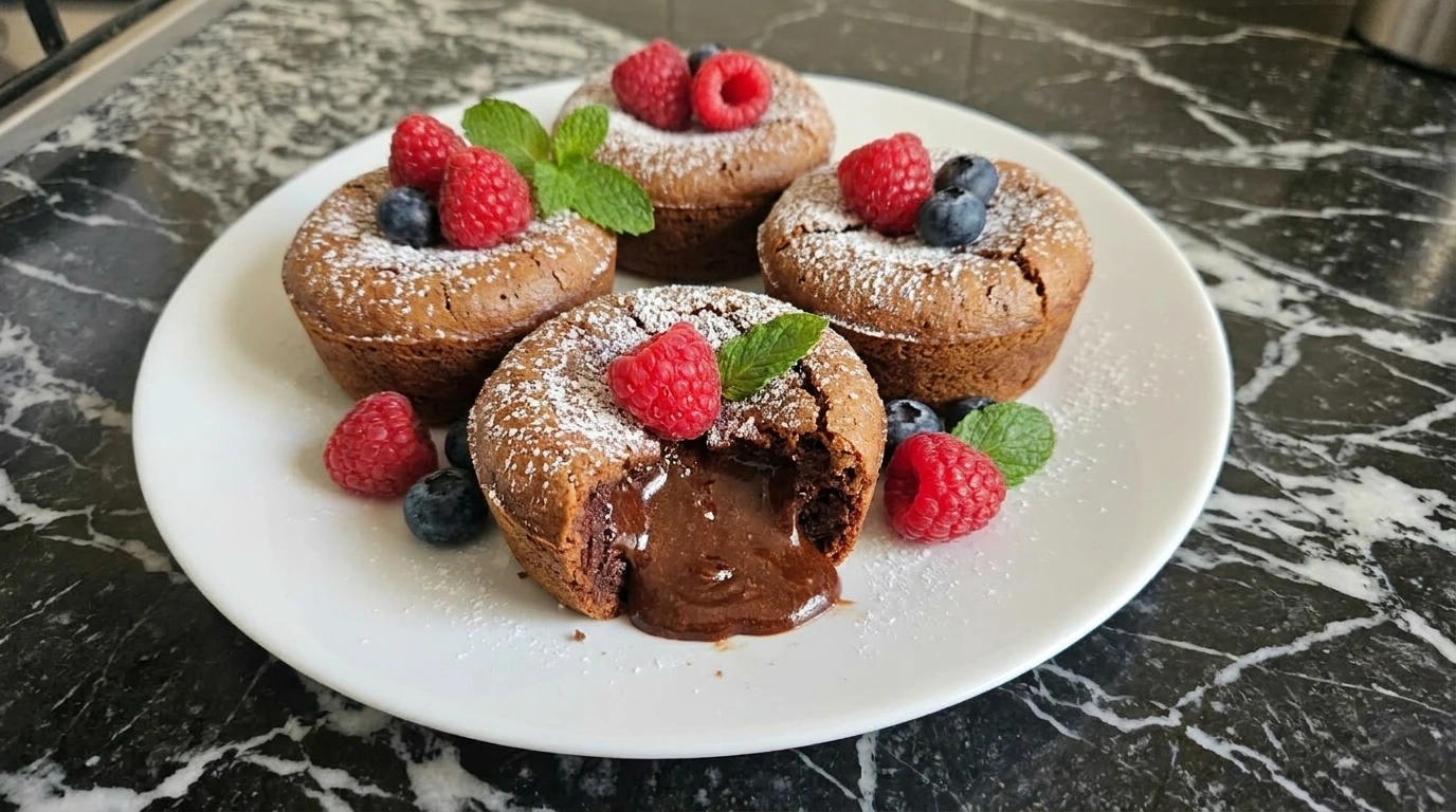 Easy Chocolate Lava Cake with molten chocolate center on white plates.