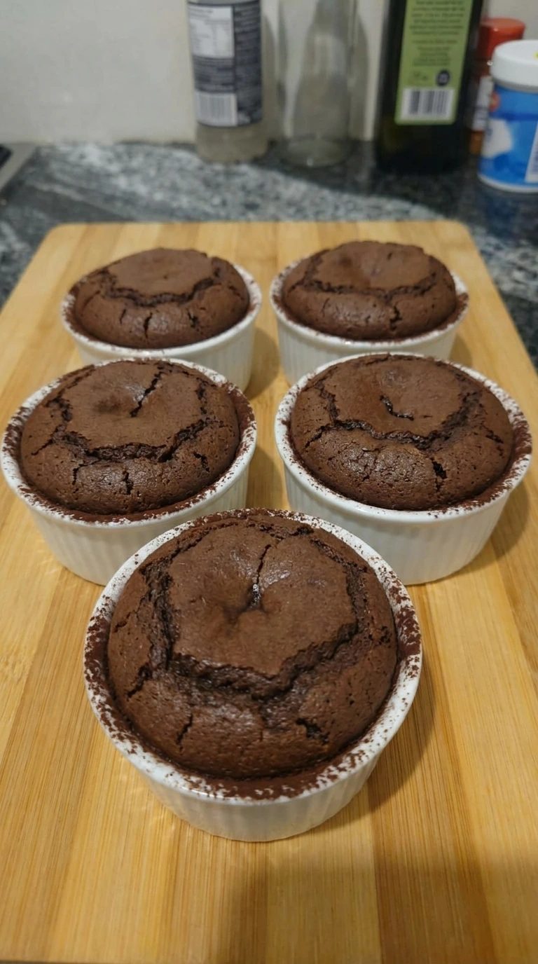 Baked Easy Chocolate Lava Cakes with set edges and soft centers in ramekins.