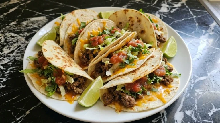 Easy Ground Beef Tacos served on a white plate with seasoned beef lettuce cheddar salsa and cilantro.