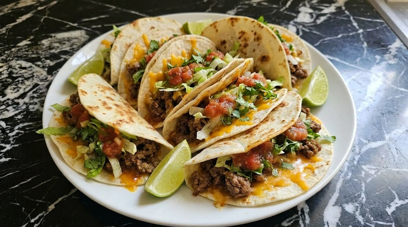 Easy Ground Beef Tacos served on a white plate with seasoned beef lettuce cheddar salsa and cilantro.