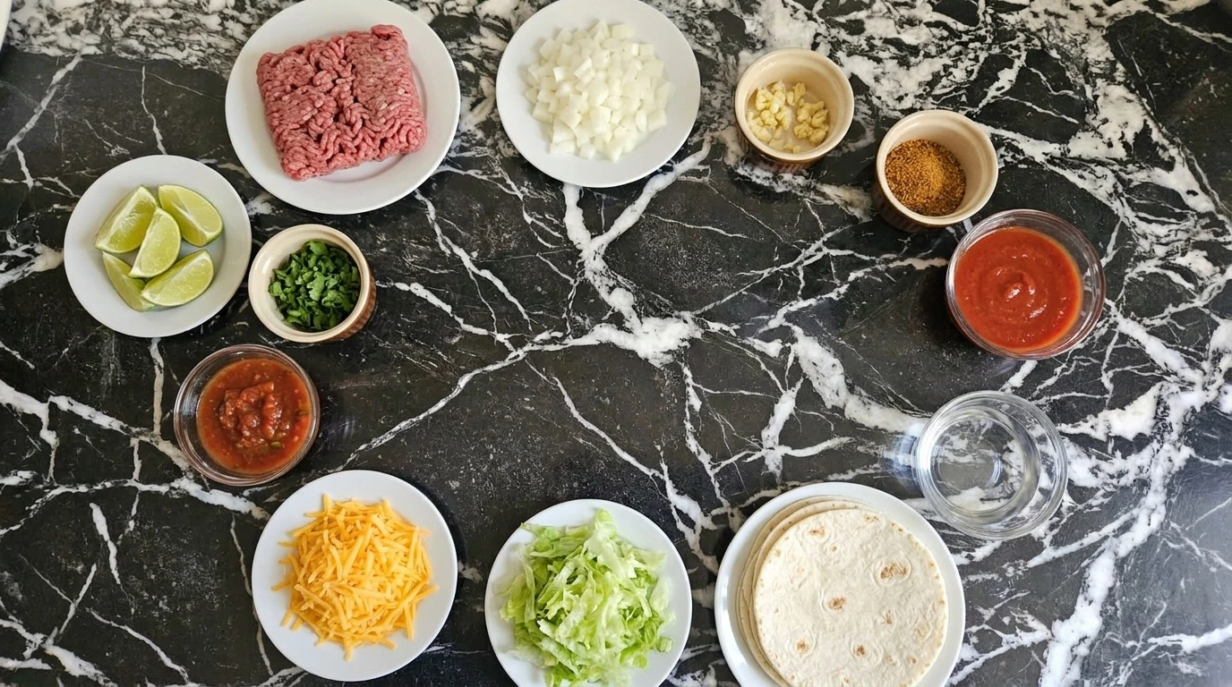 Ingredients for Easy Ground Beef Tacos arranged in separate small containers.
