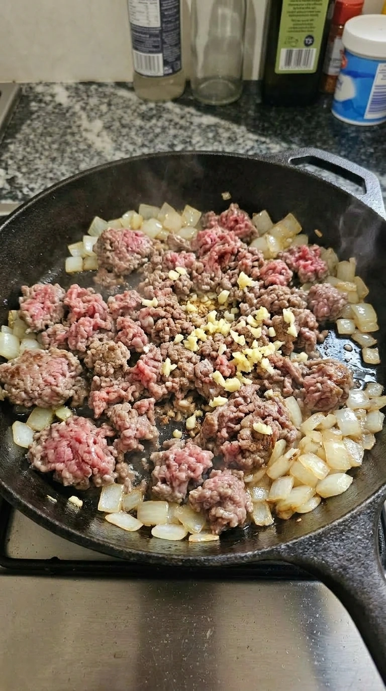 Ground beef browning with onion and garlic for Easy Ground Beef Tacos.