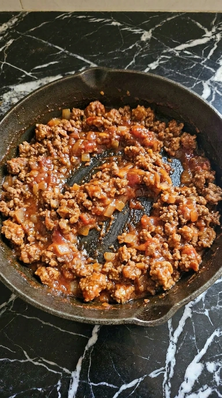 Seasoned ground beef taco filling simmering until thick and glossy.