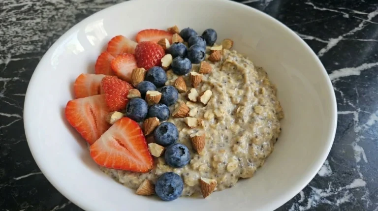Easy Overnight Oats in a white bowl with strawberries blueberries and chopped almonds.