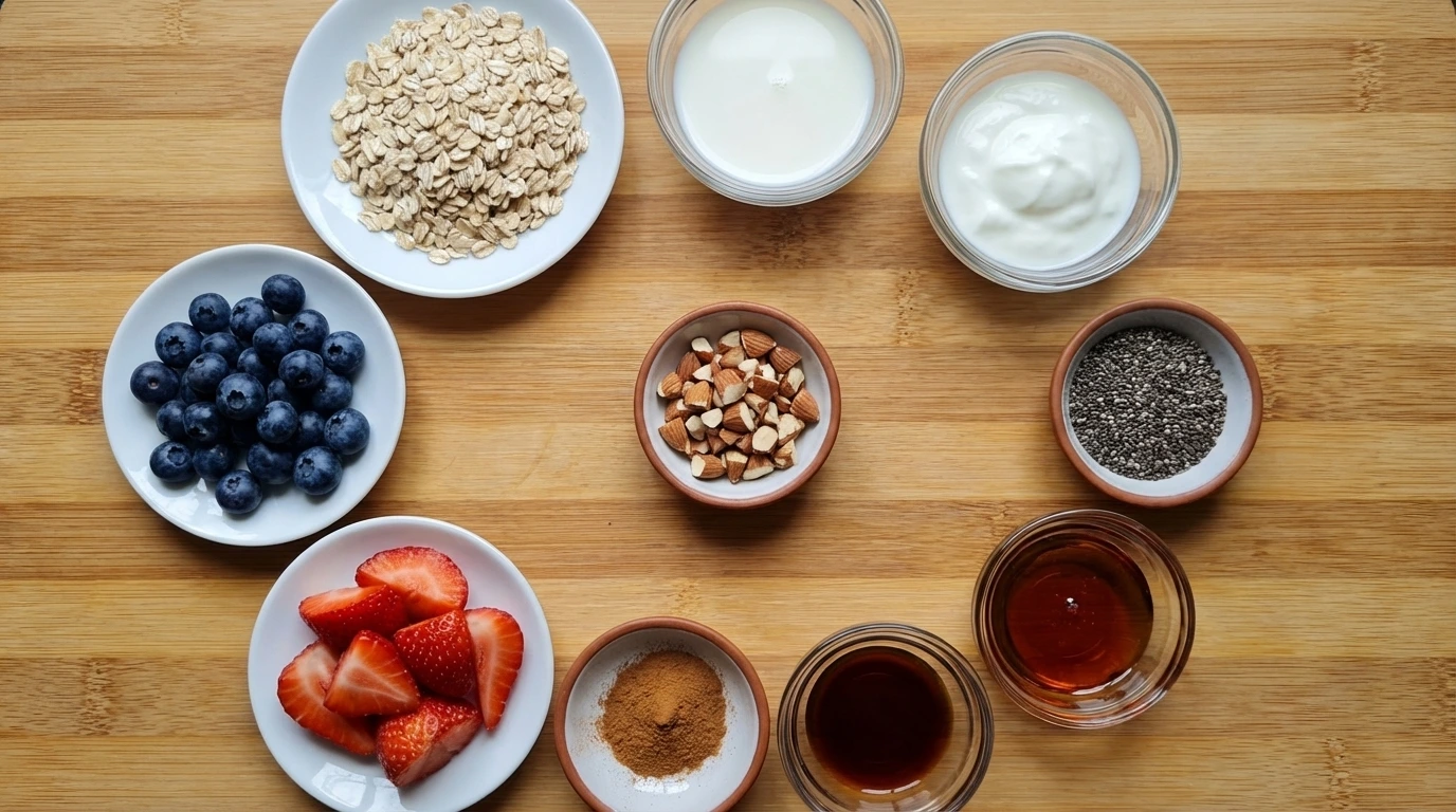 Ingredients for Easy Overnight Oats arranged in separate small containers.