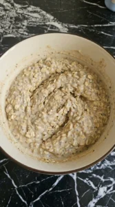 Overnight oats after resting with thick soft spoonable texture.