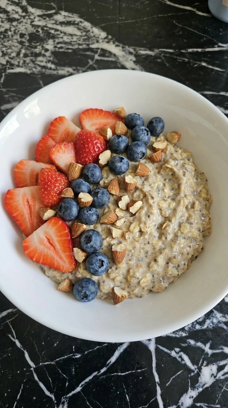 Served Easy Overnight Oats topped with strawberries blueberries and almonds.