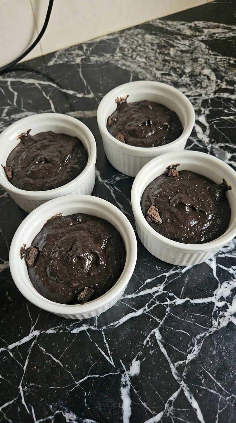 Four ramekins filled with thick Oreo batter for baking