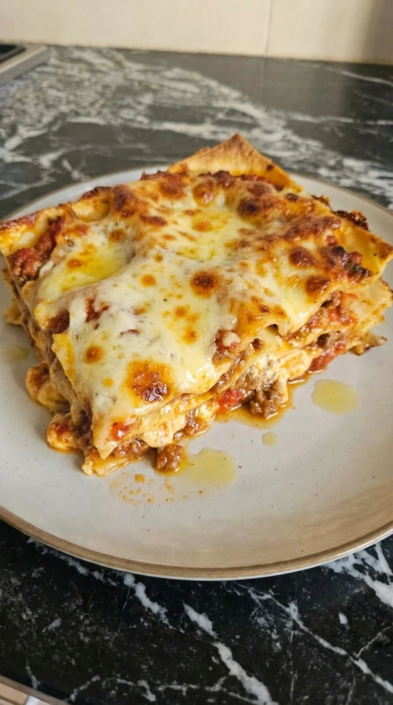 plated homemade lasagna slice