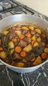 Thick finished Irish Beef Stew in a large pot