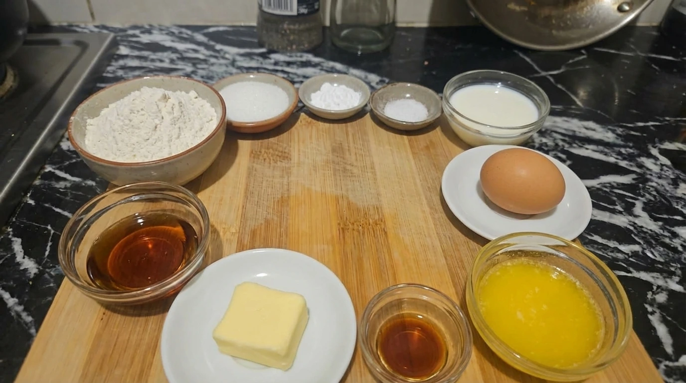 Ingredients for Fluffy Pancakes Recipe arranged in separate small containers