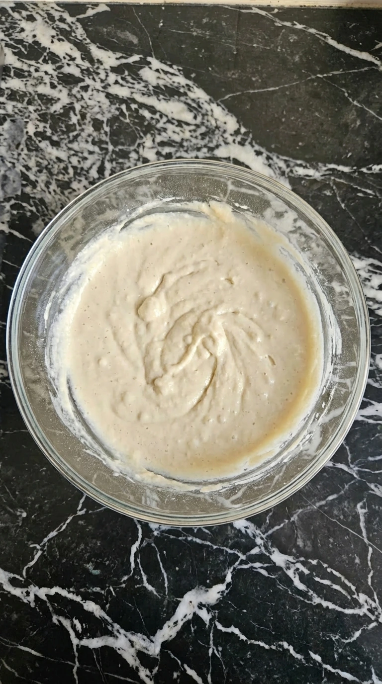 Pancake batter mixed to a pale creamy texture with a few lumps