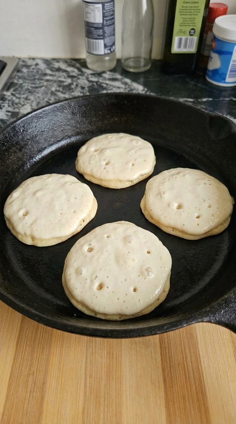 Pancakes cooking on the first side with bubbles and set edges