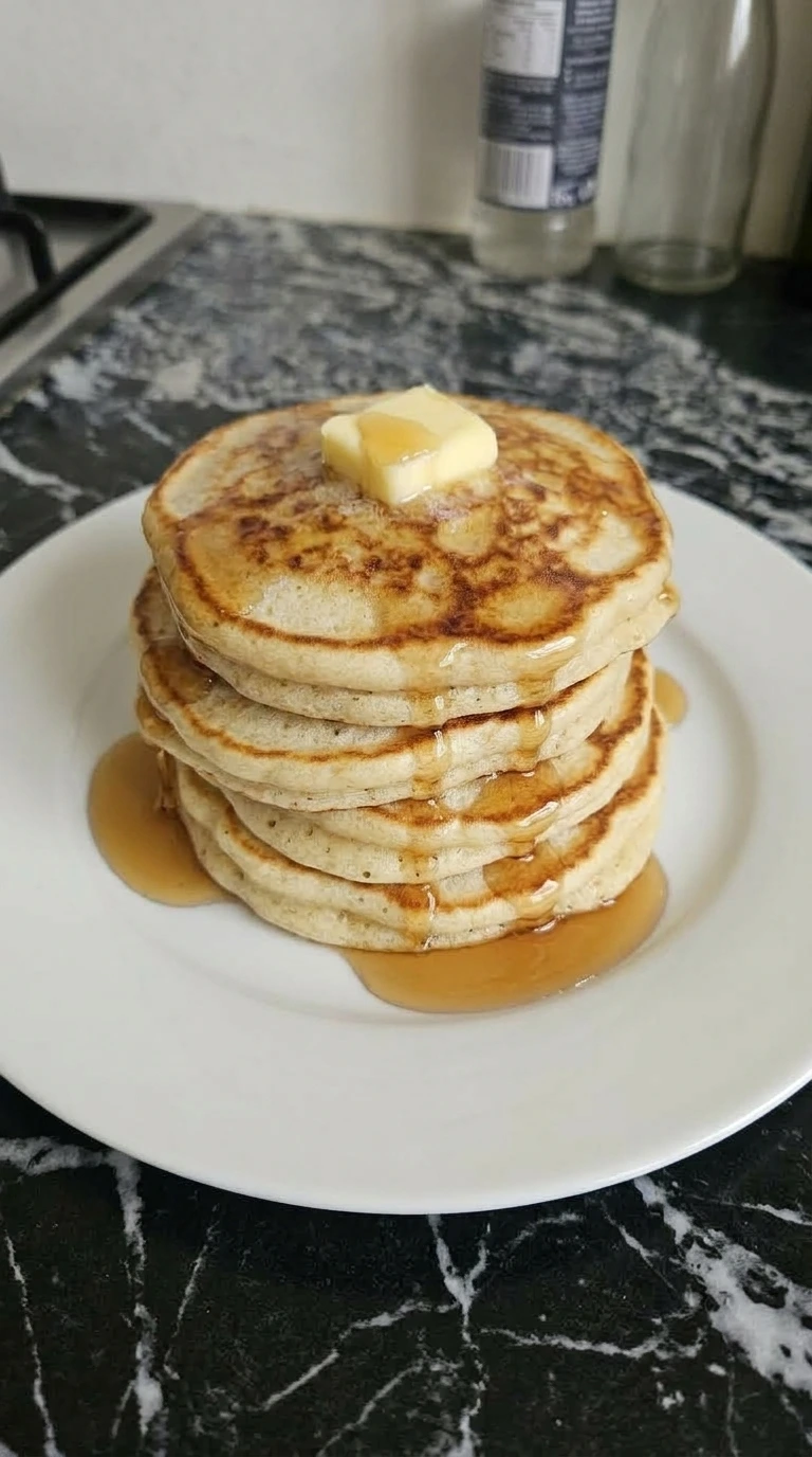 Served stack of fluffy pancakes with butter and syrup
