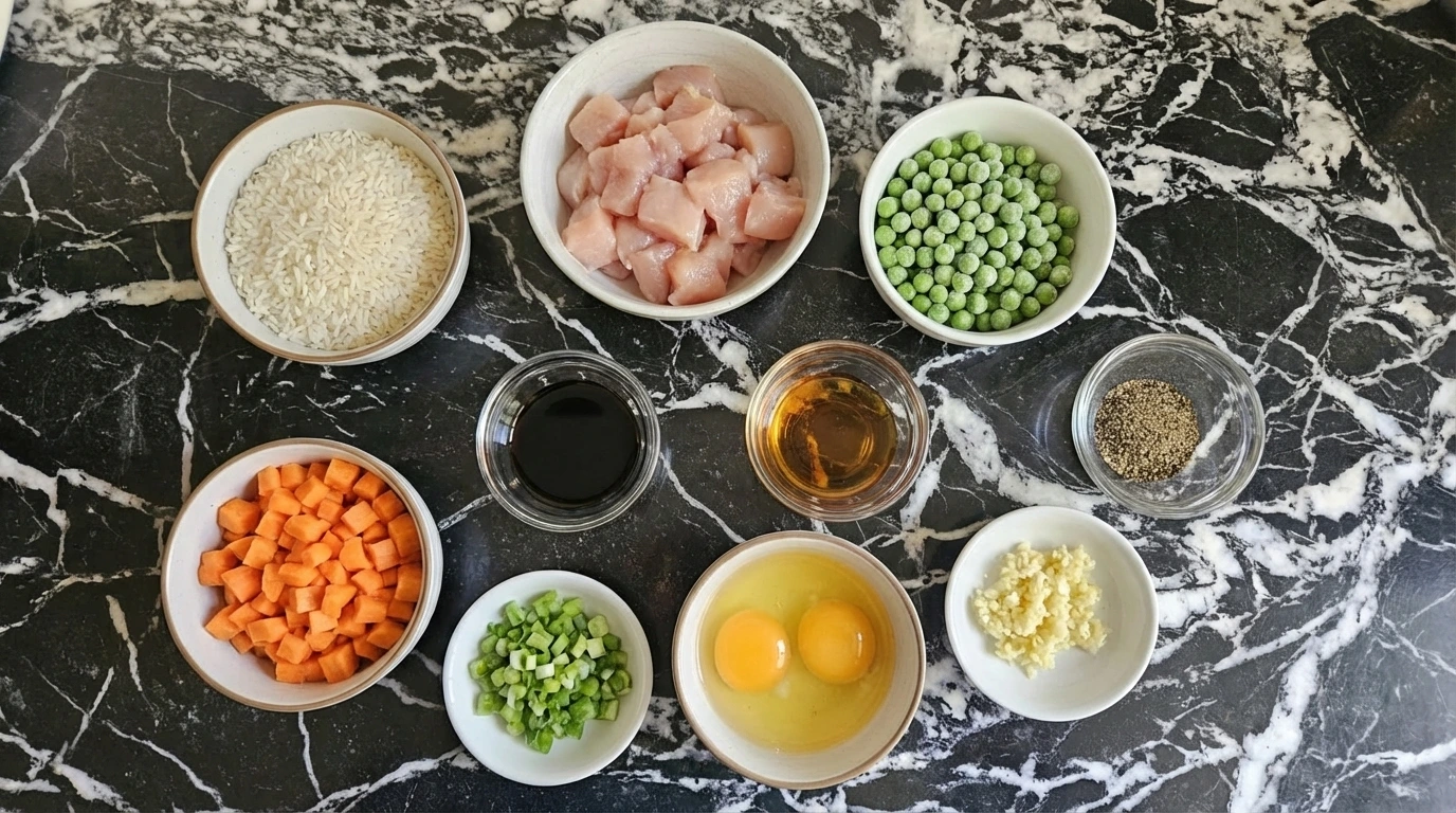 Ingredients for chicken fried rice in separate bowls