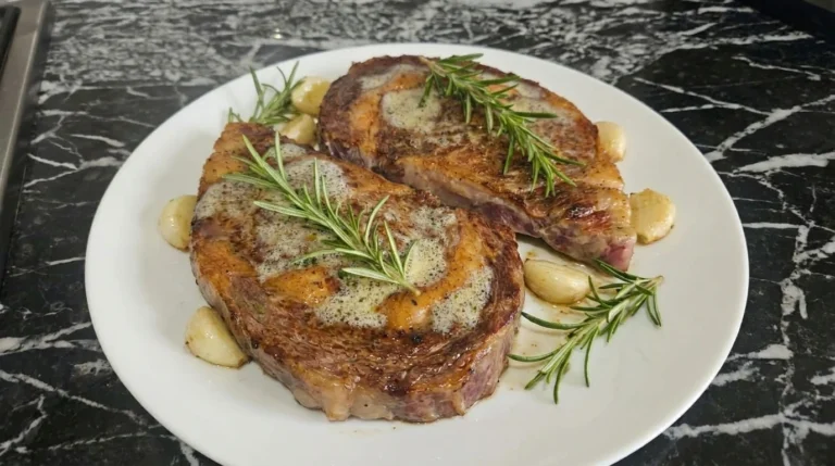 Garlic butter ribeye steak with melted butter and herbs