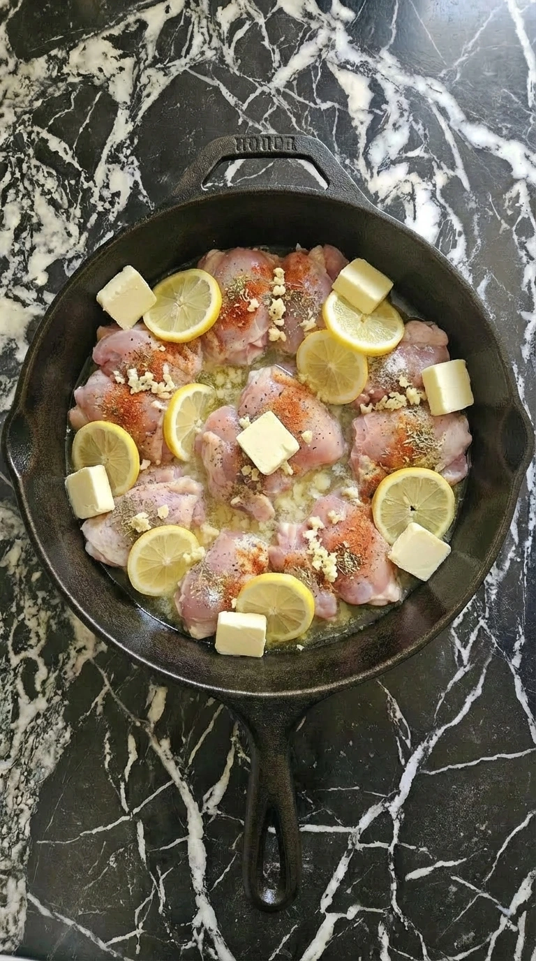 chicken browning unevenly with softened lemon slices