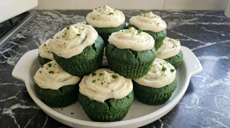 Finished Green Velvet Cupcakes with cream cheese frosting and uneven homemade swirls