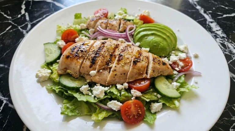 Grilled Chicken Salad on a white plate with sliced chicken avocado cucumber tomatoes and feta.