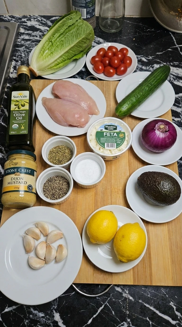 Ingredients for Grilled Chicken Salad arranged in separate small containers.
