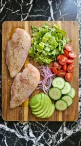 Seasoned chicken with chopped romaine cucumber tomatoes onion and avocado on a cutting board.