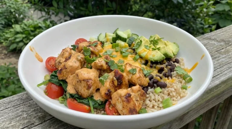 High Protein Chicken Bowl with browned chicken, rice, beans, vegetables, and melted cheese in a white bowl