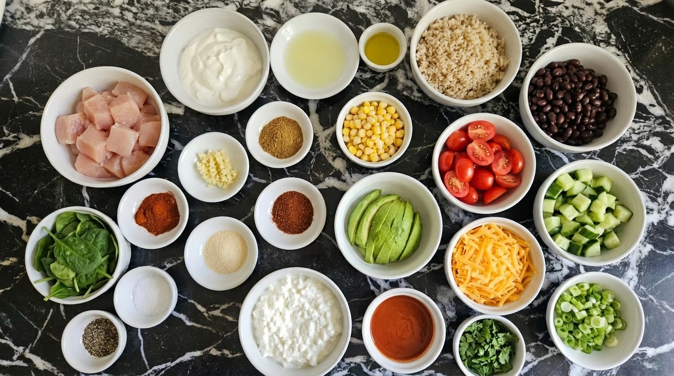 Ingredients for High Protein Chicken Bowl in separate small white bowls