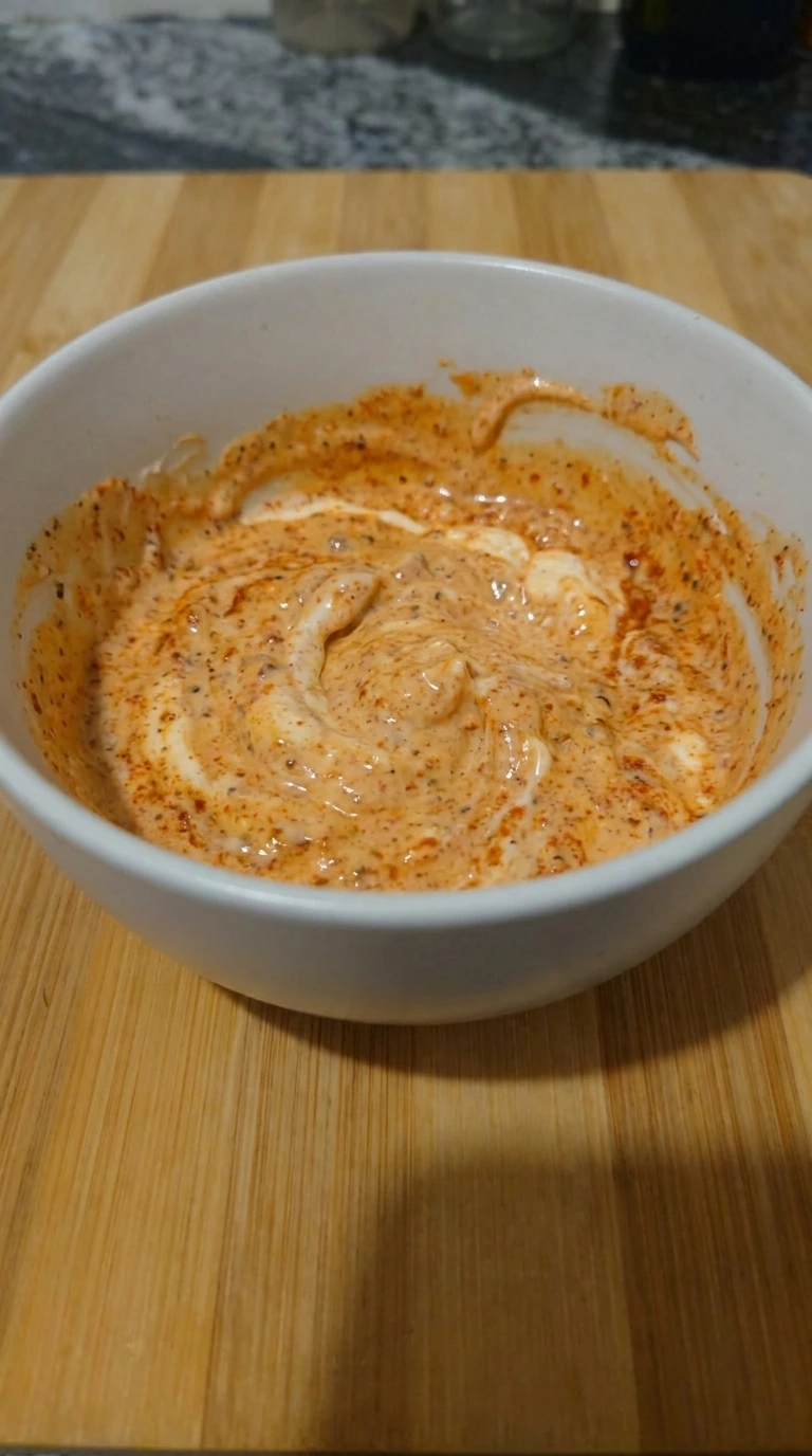 Creamy seasoned yogurt marinade mixed in a white bowl