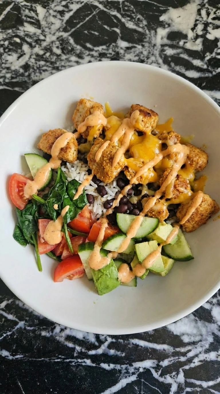 Fresh toppings and creamy sauce added to a chicken protein bowl