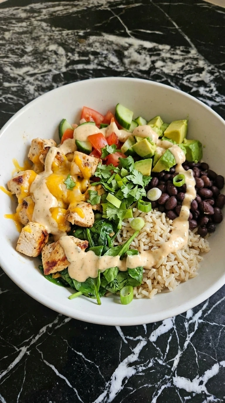 Finished High Protein Chicken Bowl plated and garnished