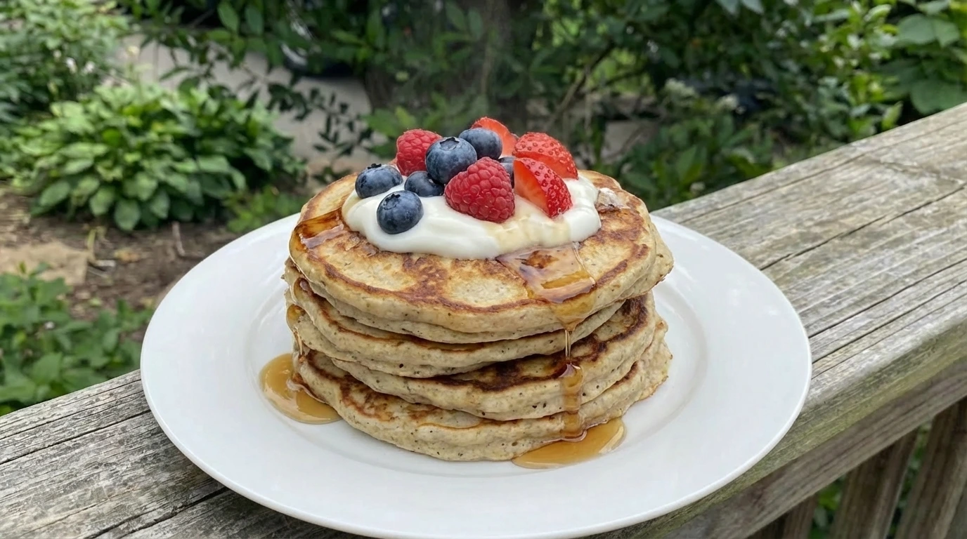 High Protein Pancakes stacked on a white plate with Greek yogurt berries and golden browned edges.