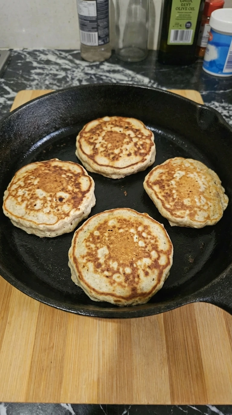 High Protein Pancakes browned on both sides in a skillet.