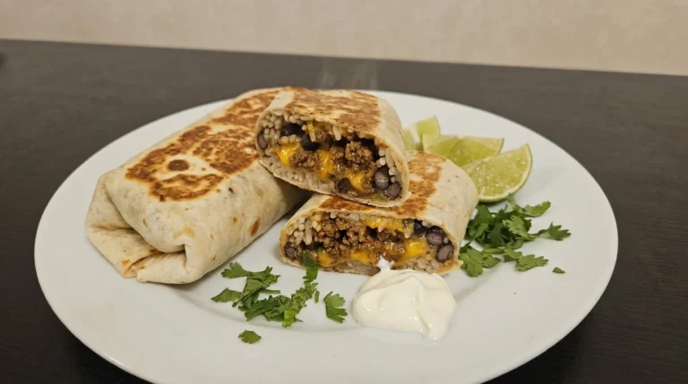 Homemade Burrito on a white plate with toasted tortilla and beef and rice and beans and melted cheddar.