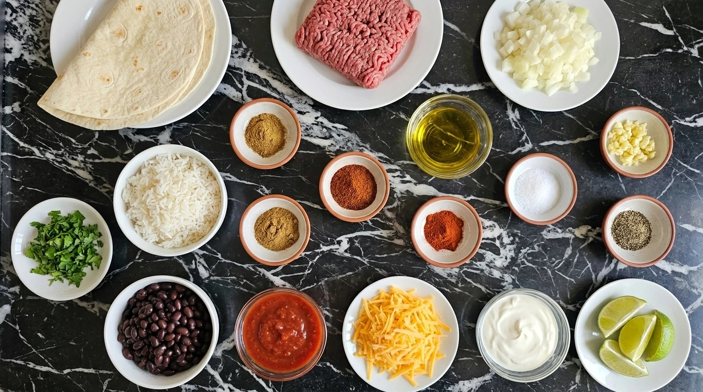Ingredients for Homemade Burrito arranged in separate small containers.