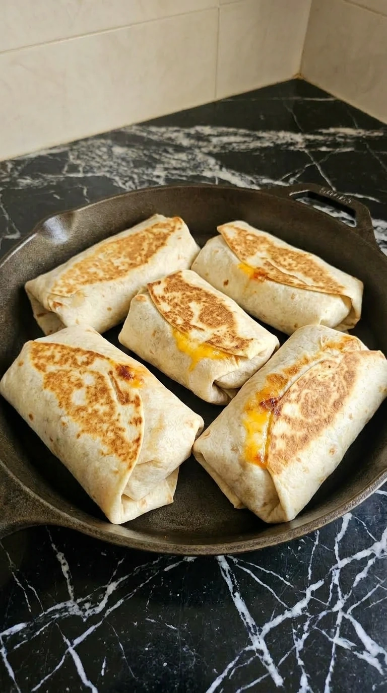 Folded Homemade Burritos toasted until golden with melted cheese inside.