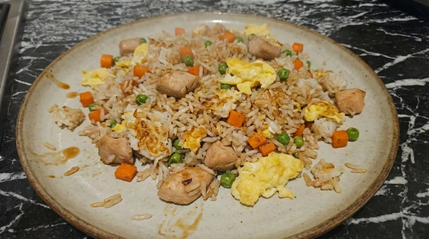 Homemade chicken fried rice with vegetables and egg