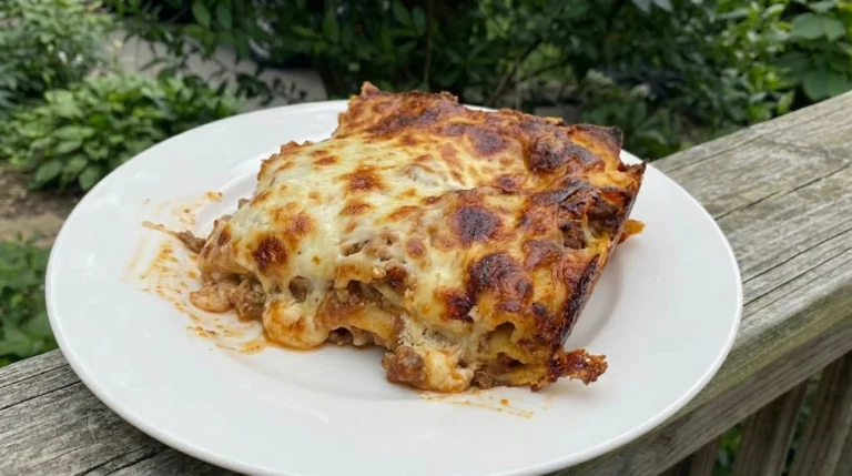 homemade lasagna with melted cheese and rich layers
