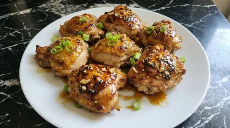 Honey Garlic Chicken on a white plate with glossy sauce and browned edges.