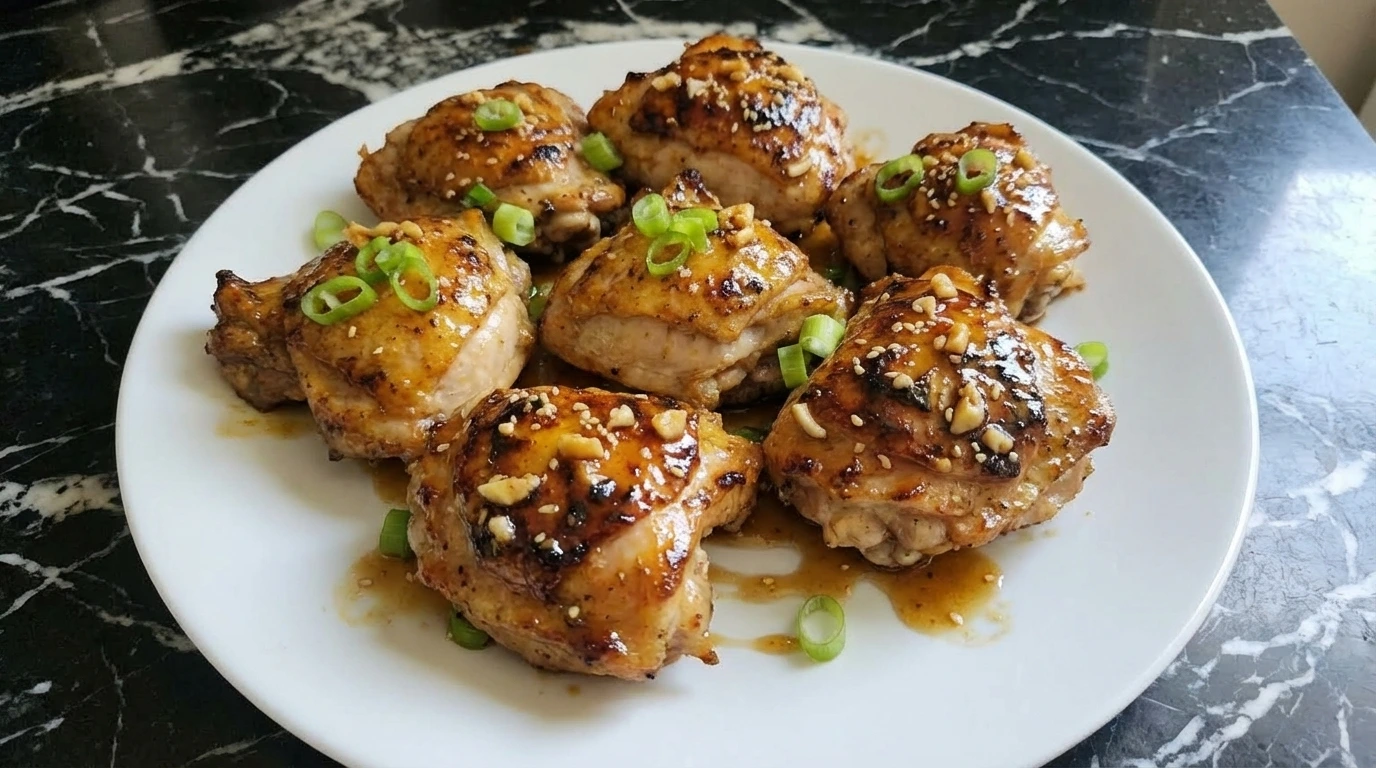 Honey Garlic Chicken on a white plate with glossy sauce and browned edges.