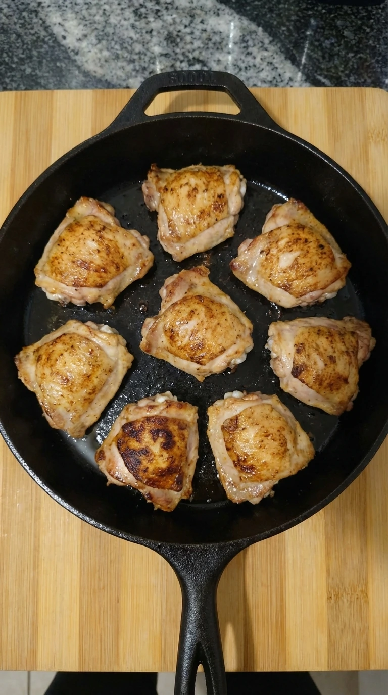 Chicken thighs browning in the skillet for Honey Garlic Chicken.