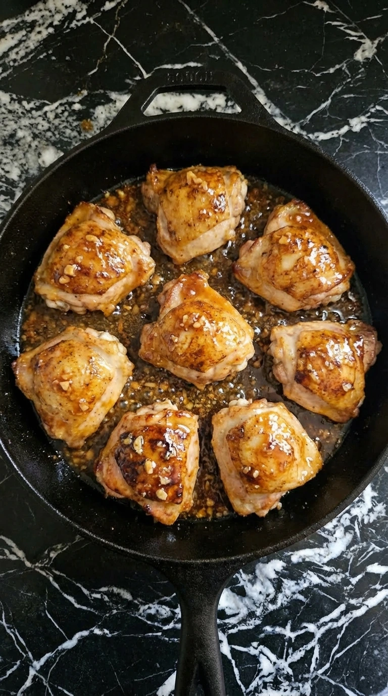 Chicken simmering in thick honey garlic glaze.