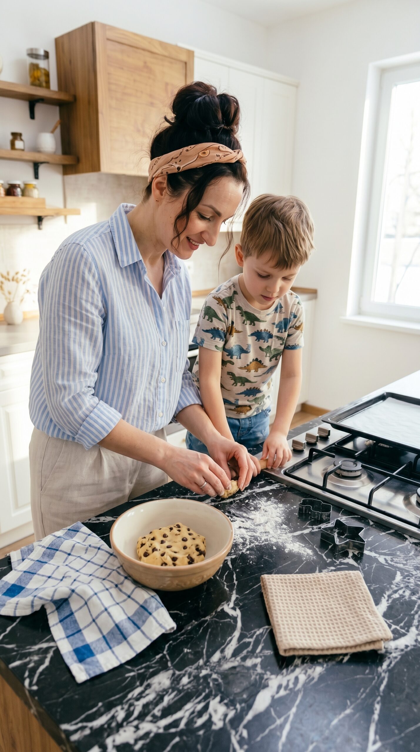 Amelia cooking with her child in the kitchen