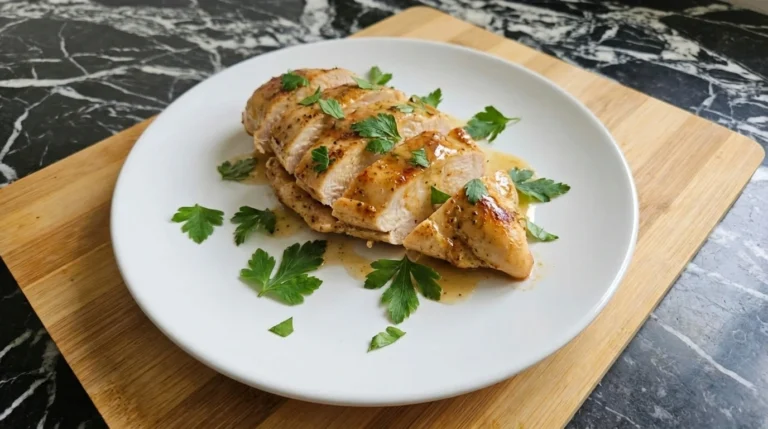 juicy pan seared chicken breast with golden crust on plate