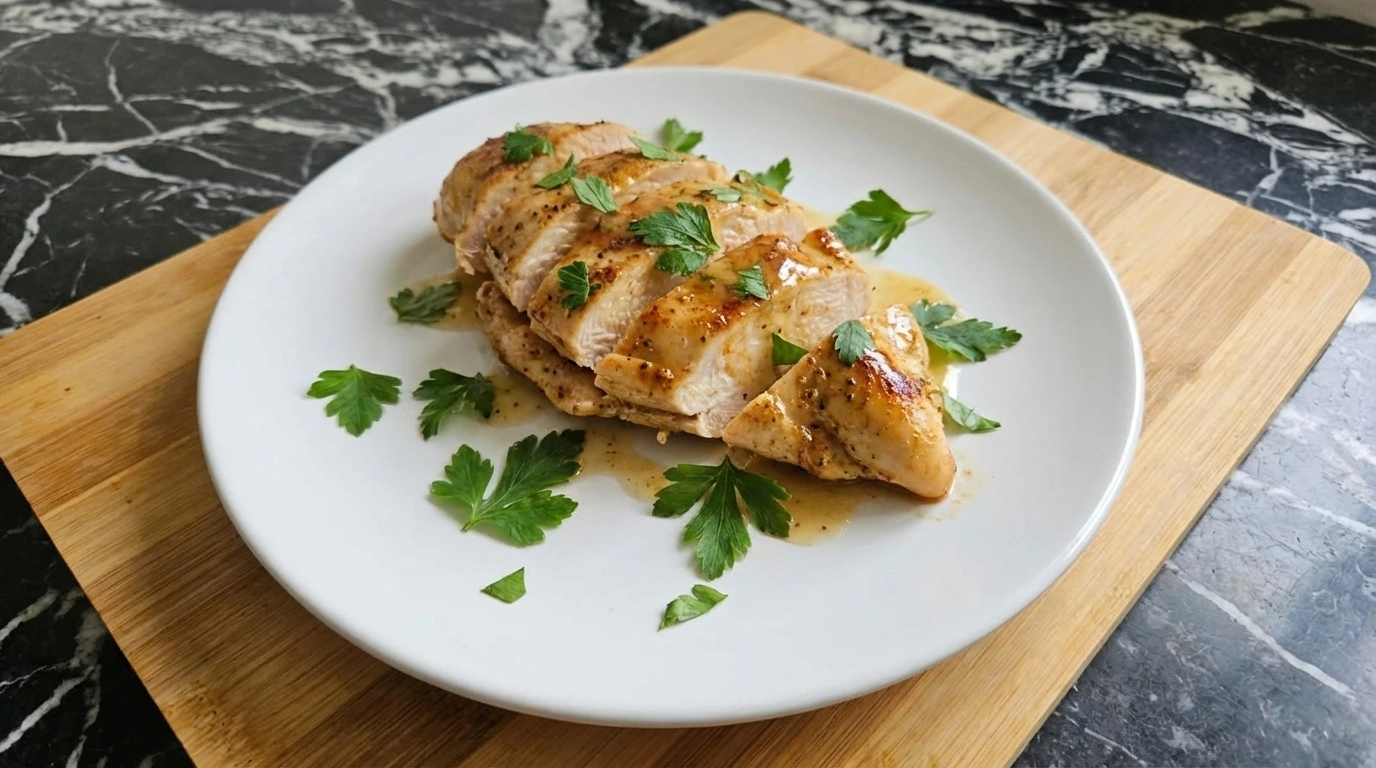 juicy pan seared chicken breast with golden crust on plate